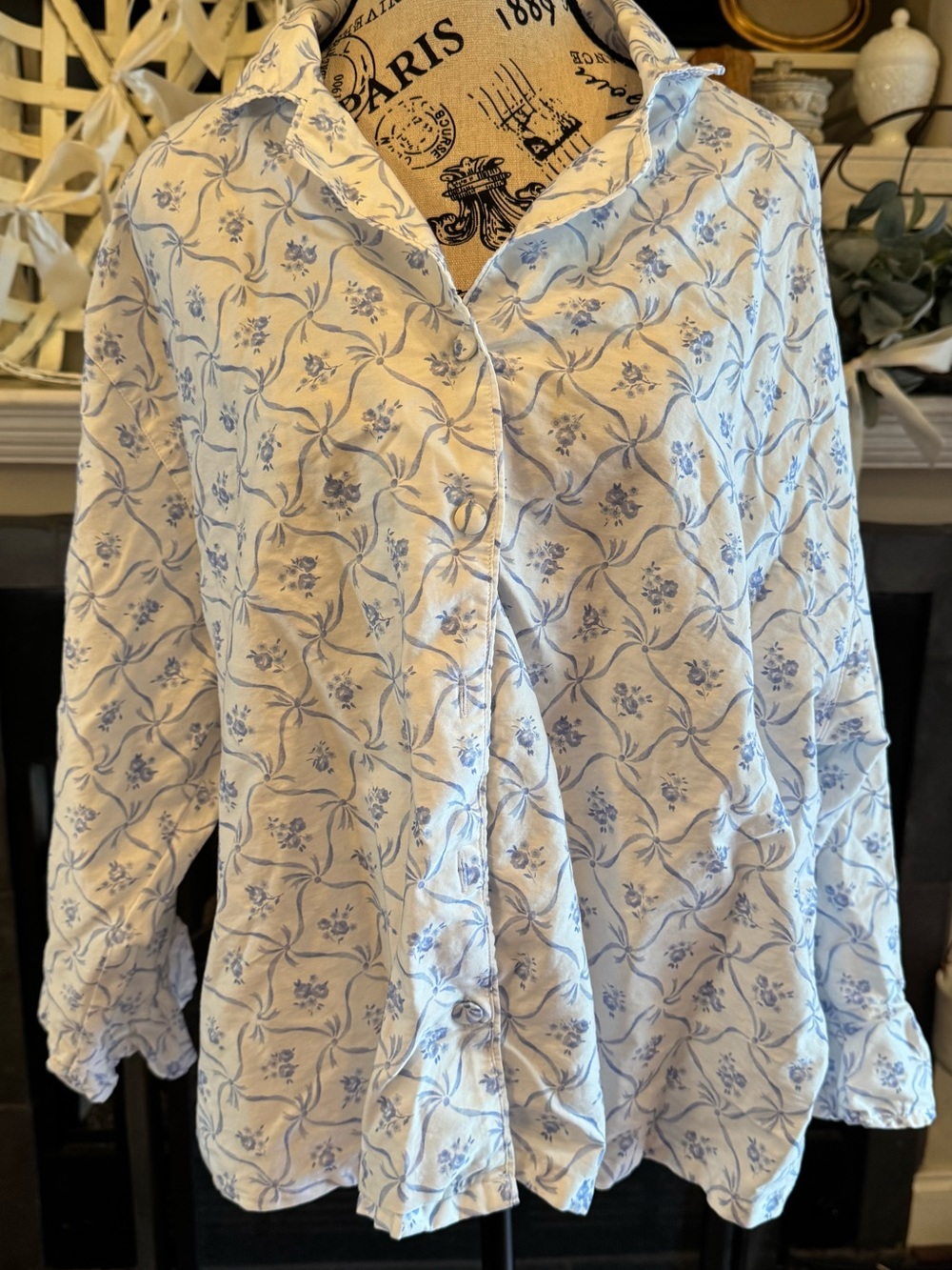 LoveShackFancy Pottery Barn Floral Trellis Sateen Pajama Top Blue White Bows XL